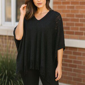 Soft V-Neck Knitted Short Poncho with Fringes Wrap Shrug Layered Look
